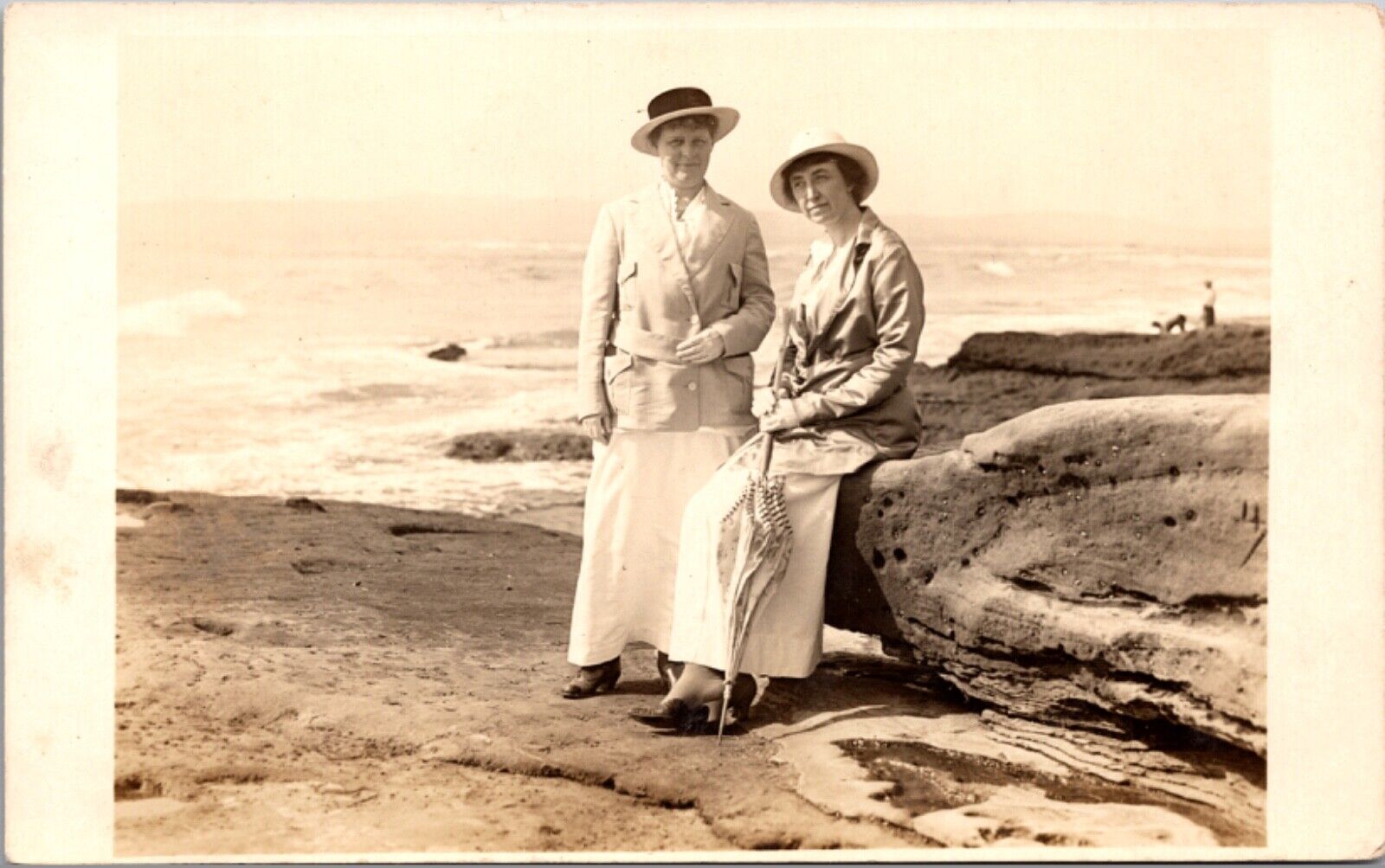 Real Photo Postcard Two Well Dressed Women Cliffs Bluff Ocean Beach, California