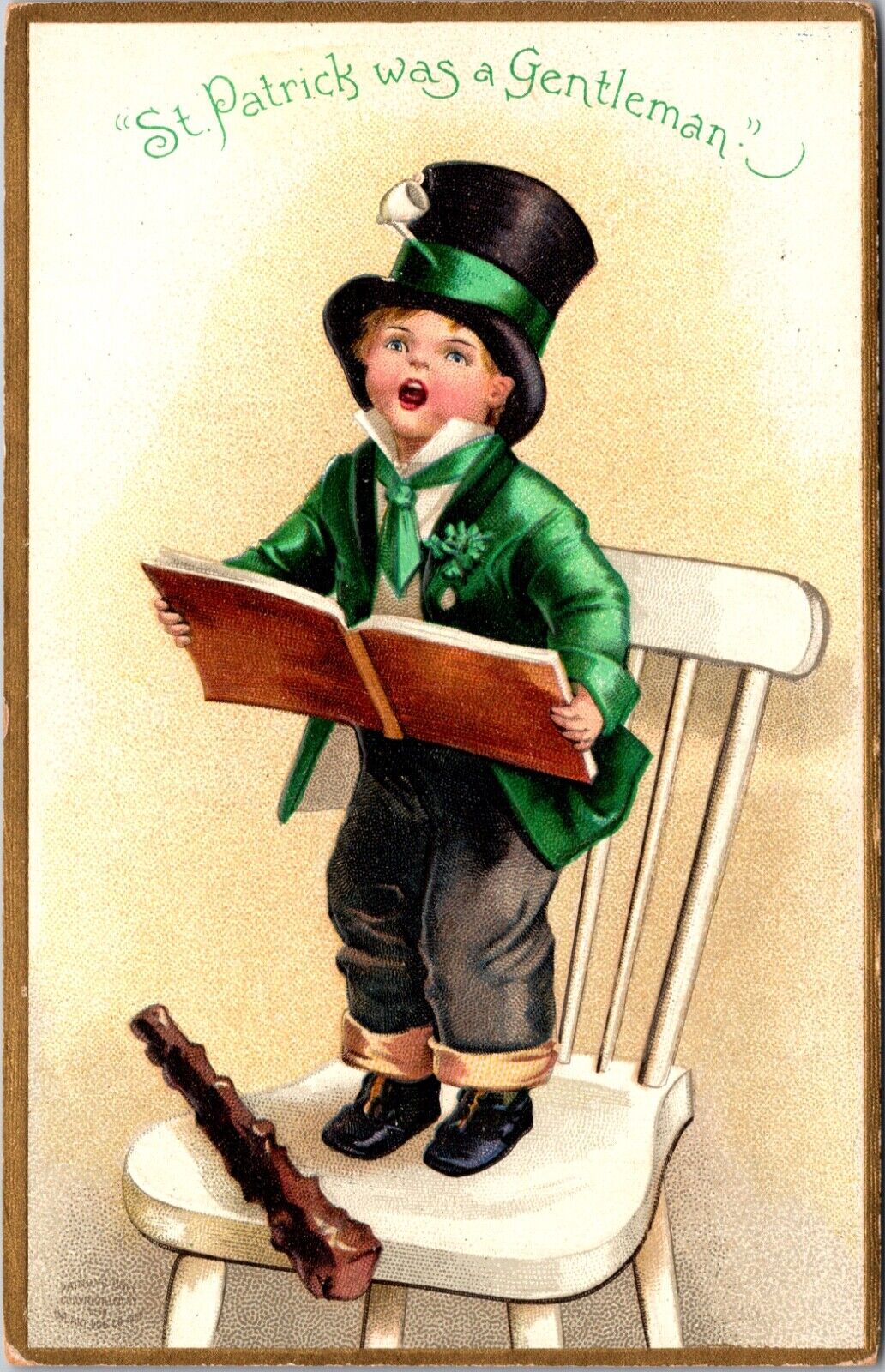 St. Patrick's Day Postcard Little Boy Wearing Green Suit Singing Songs