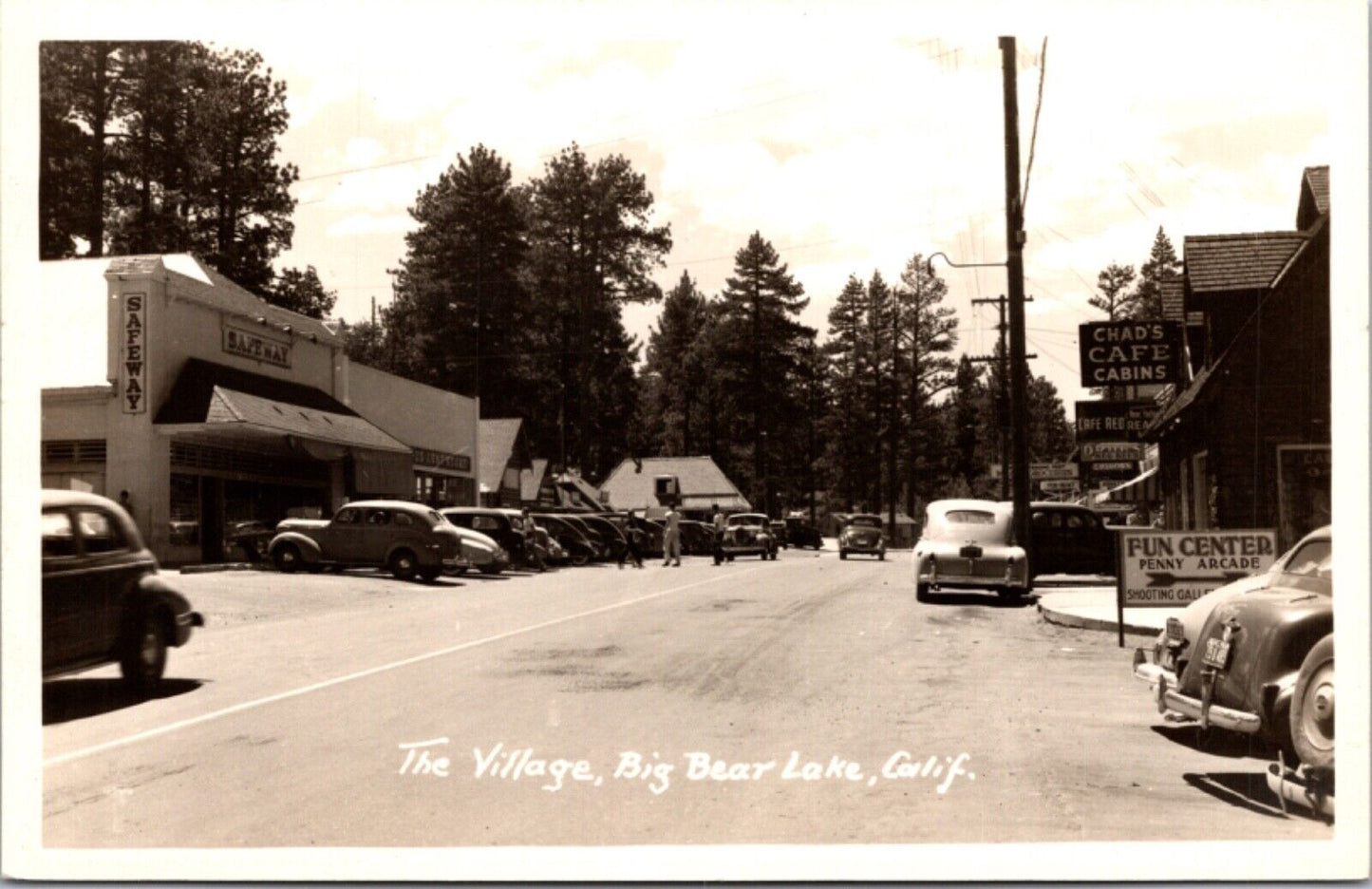 RPPC 40s Automobiles The Village in Big Bear Lake, California Cafe Fun Center