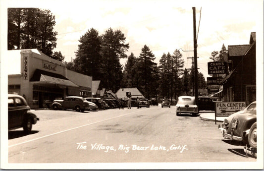 RPPC 40s Automobiles The Village in Big Bear Lake, California Cafe Fun Center