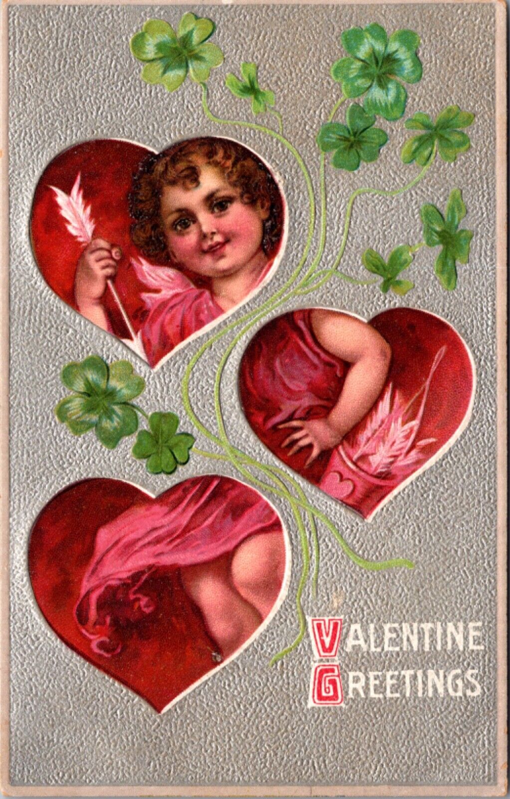 Valentine Greetings Postcard Cupid Cherub Arrow Hearts Four Leaf Clovers