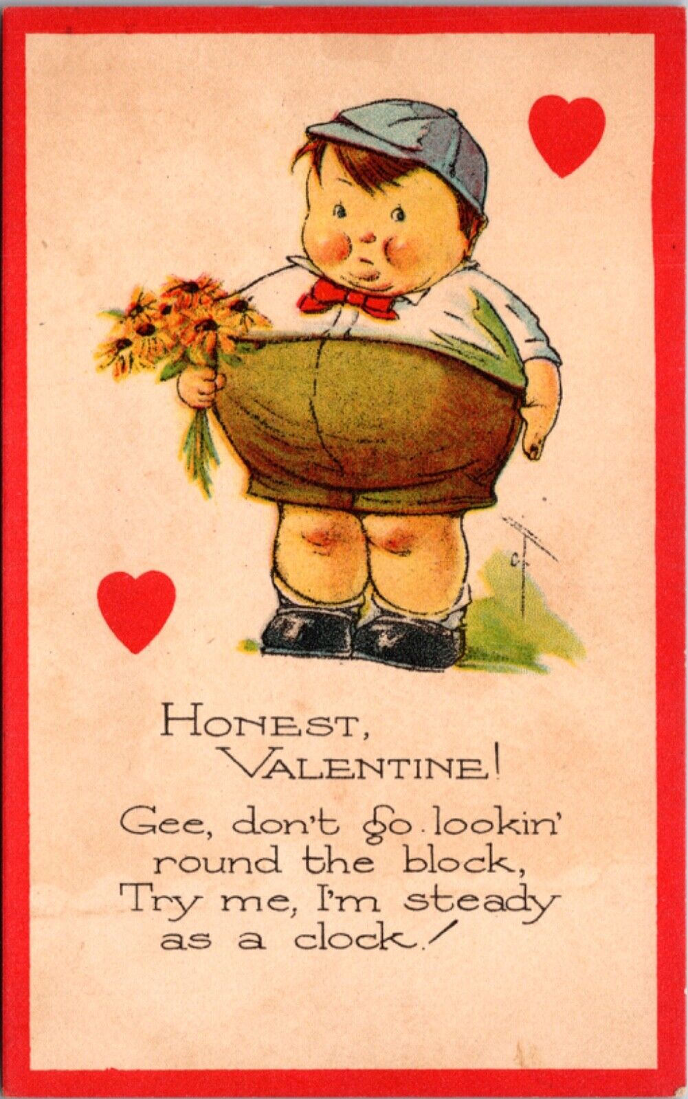 Valentine's Day Postcard Overweight Boy Holding Yellow Daisy Flowers