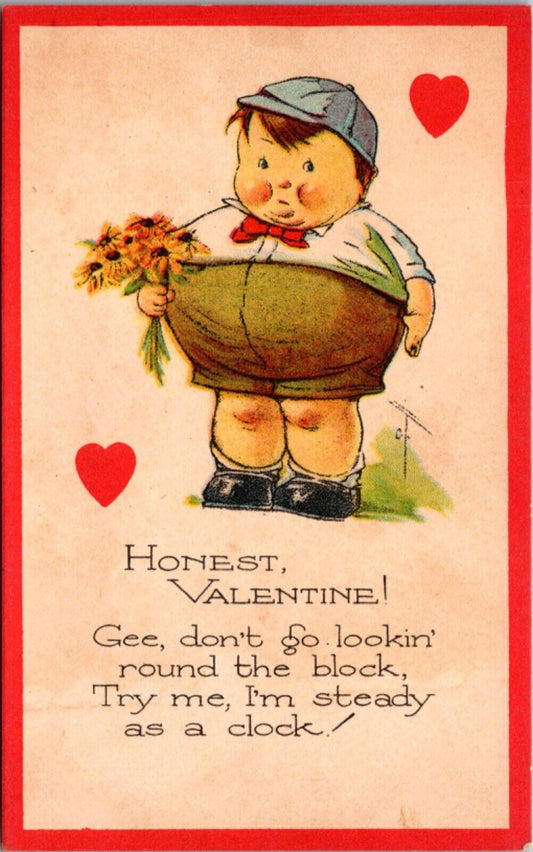 Valentine's Day Postcard Overweight Boy Holding Yellow Daisy Flowers