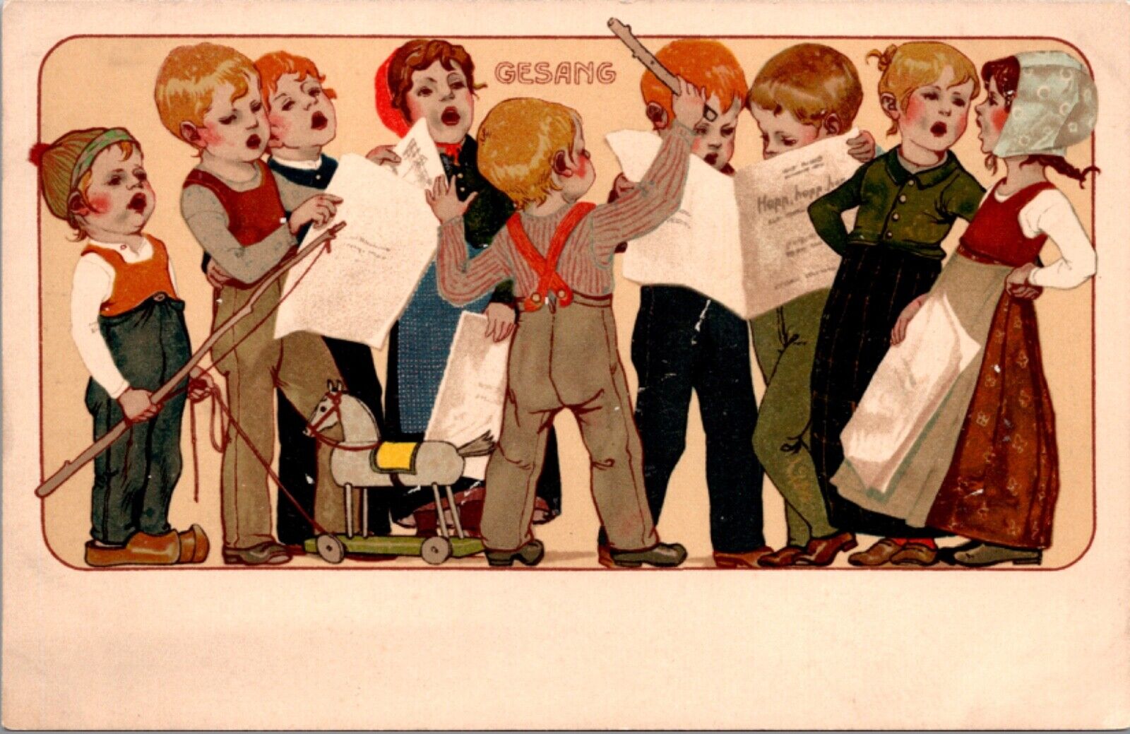 Artwork Postcard Gesang Children Singing Sheet Music Hobby Horse