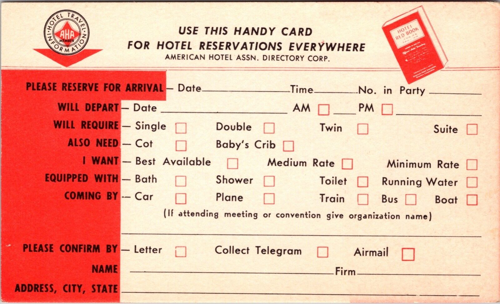 Reservation Postcard Hotel Red Book Desk, Cascading Hotel, Wenatchee, Washington