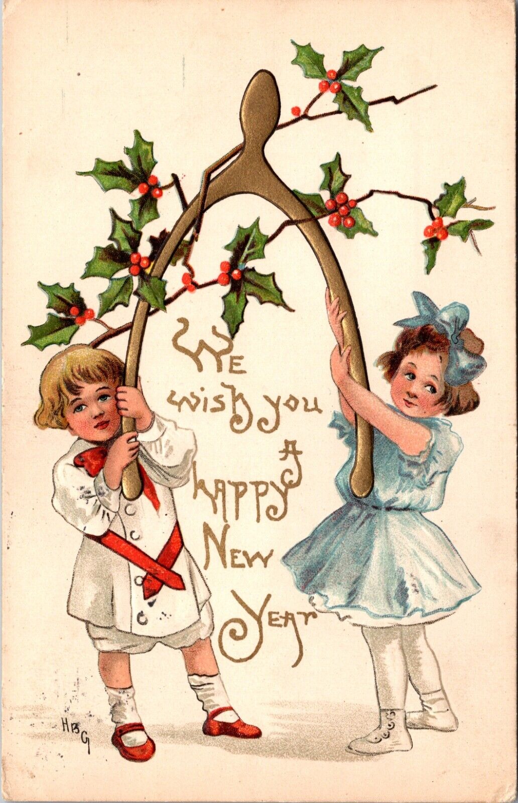 We Wish You A Happy New Year Postcard Two Children Pulling on Gold Wishbone