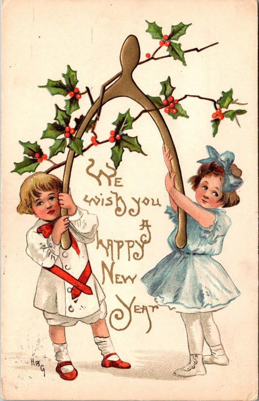 We Wish You A Happy New Year Postcard Two Children Pulling on Gold Wishbone