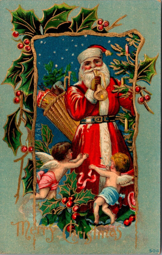 Christmas Postcard Santa Claus Blowing Horn Trumpet Cherub Angels Floating Sky