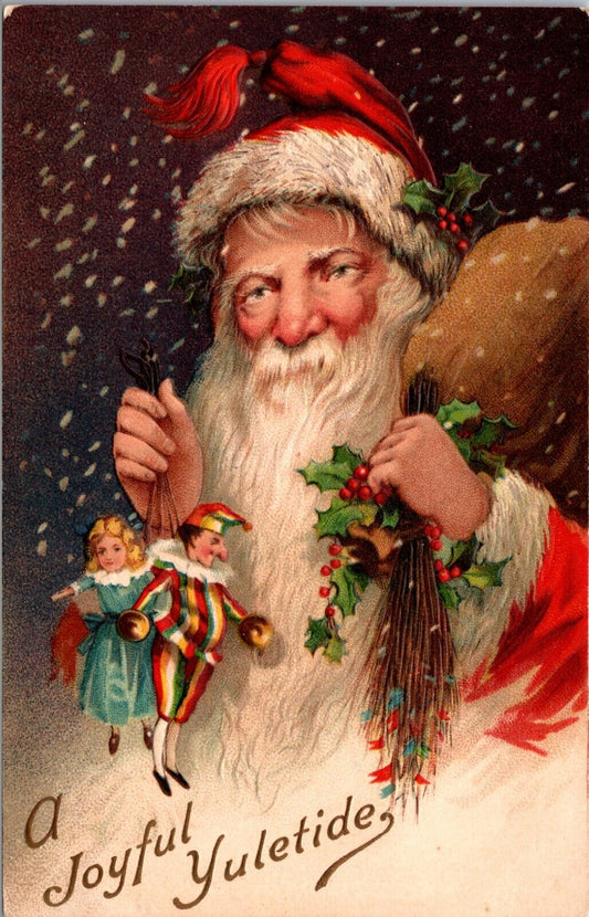 A Joyful Yuletide Postcard Santa Claus Holding Jester with Cymbals and Doll