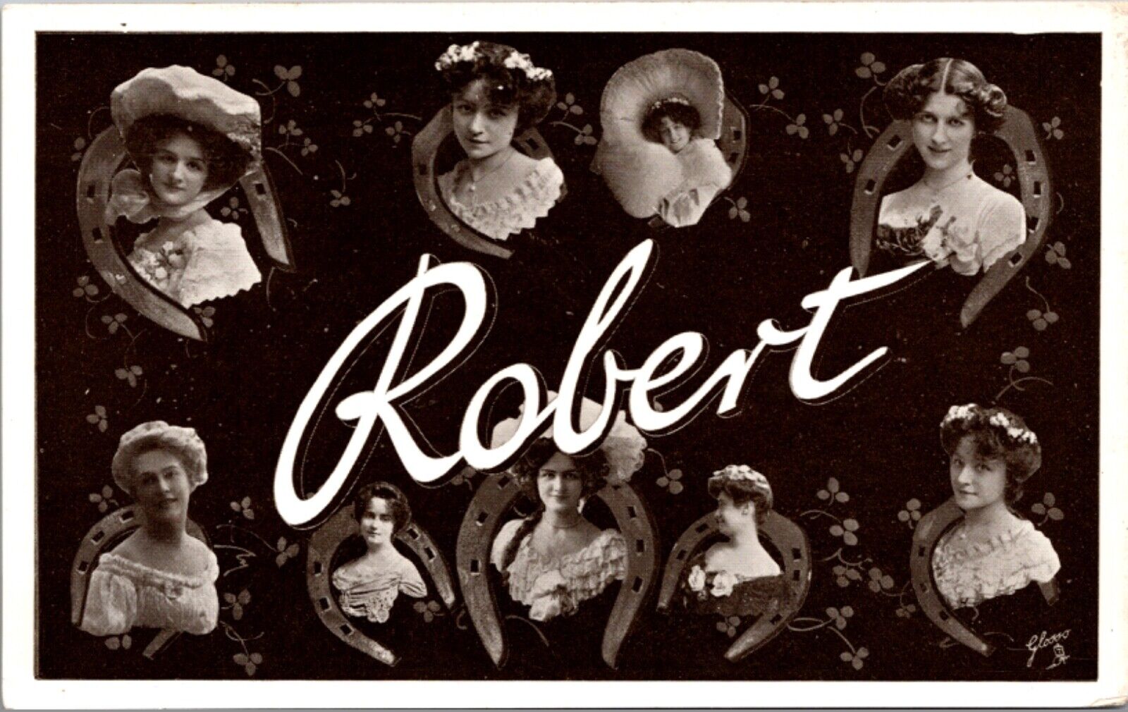 RPPC Large Letter Greetings of the Name Robert Women's Faces Horseshoes