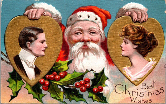 Christmas Postcard Santa Claus Holding Gold Hearts with Man and Woman Inside