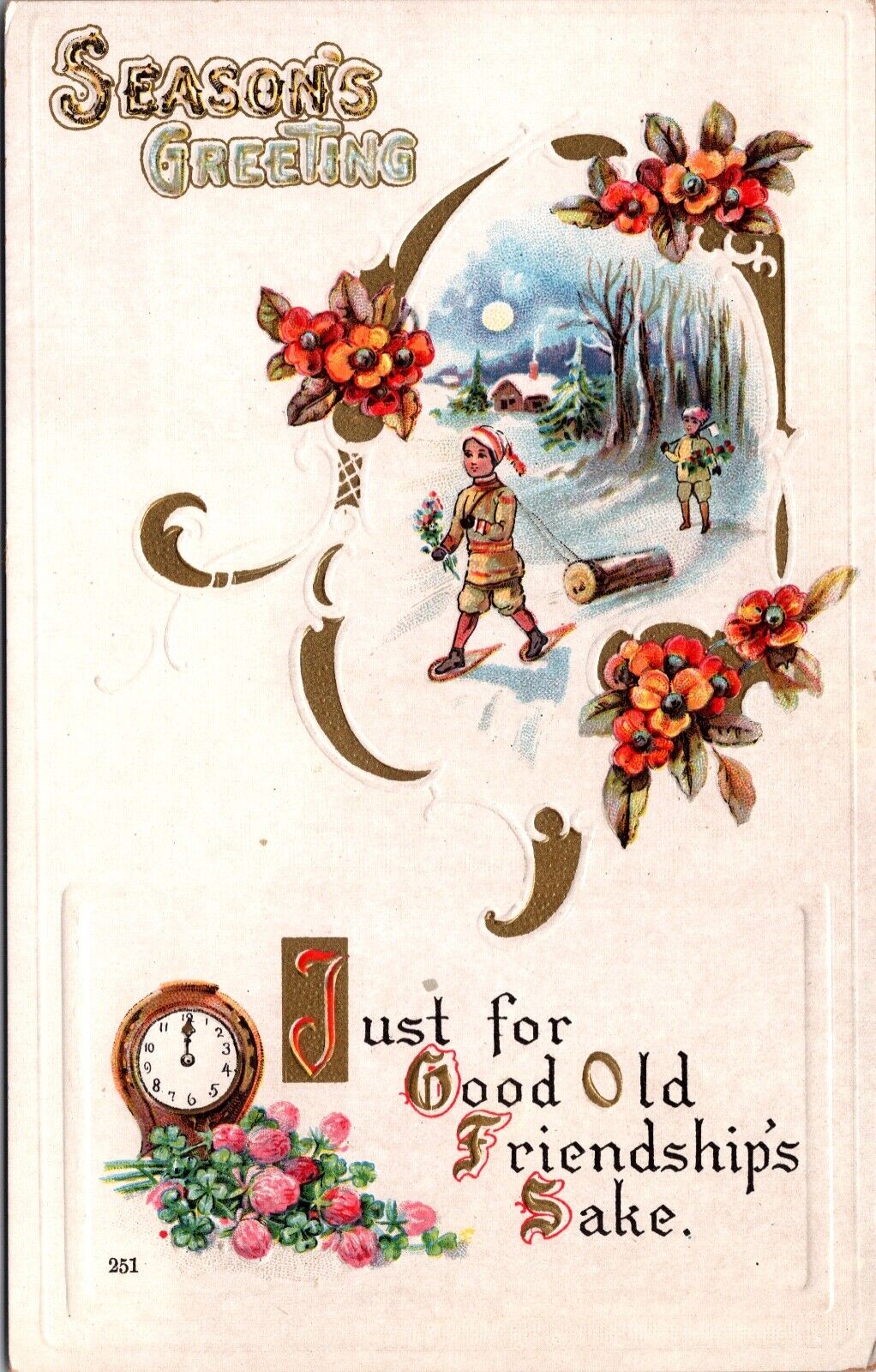 Season's Greetings Postcard Boy Snowshoeing Log Through Forest Flowers Clock