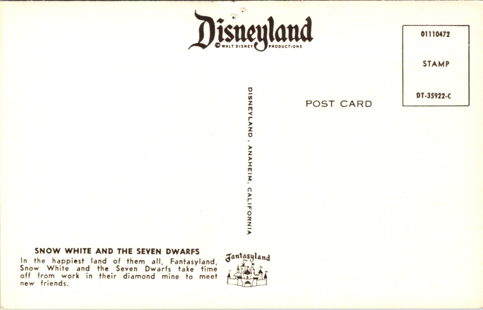 Disneyland Postcard Snow White and the Seven Dwarfs