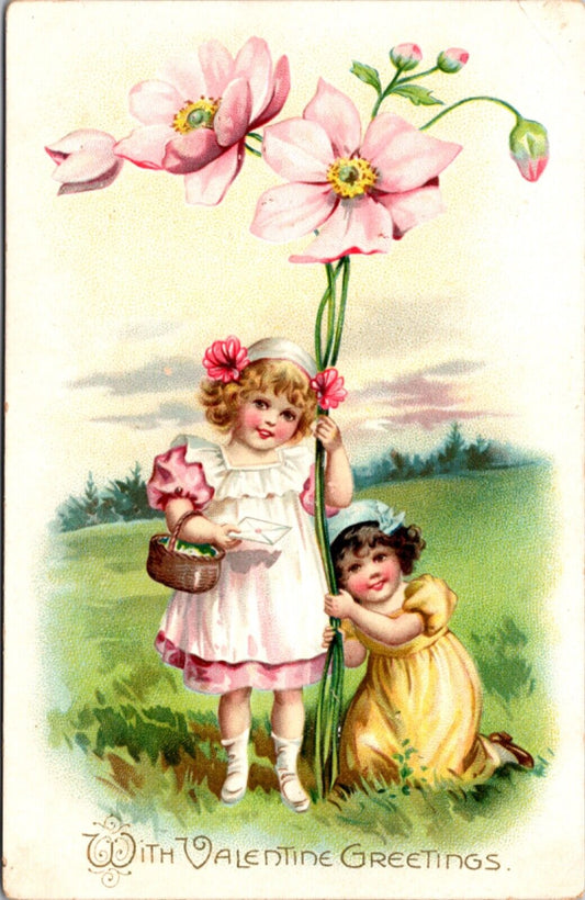 Valentine's Day Greeting Postcard Two Little Girls with Giant Pink Flower