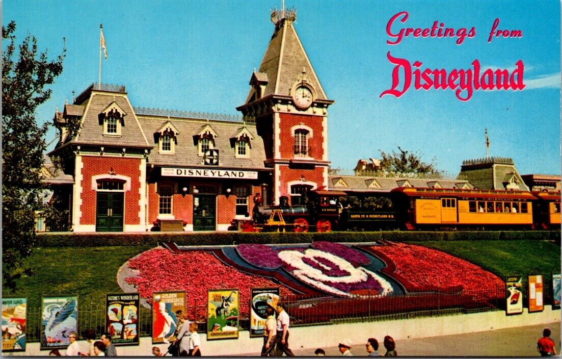 Disneyland Postcard Passenger Train Depot Floral Mickey Mouse Entrance Main St