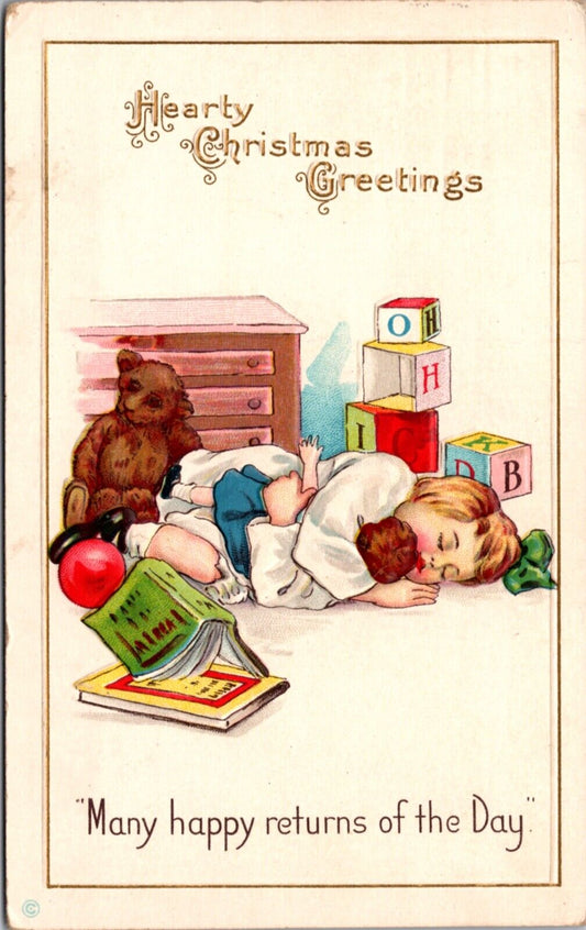 Christmas PC Little Girl Holding Doll Asleep on the Floor Teddy Bear Blocks Book