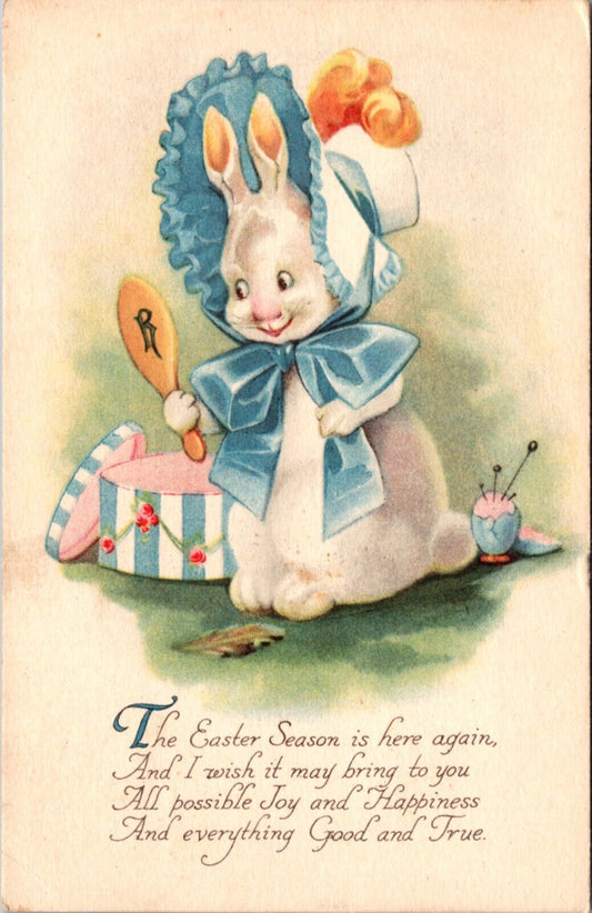 Easter Postcard White Bunny Rabbit Trying on Blue and White Bonnet Hat Box