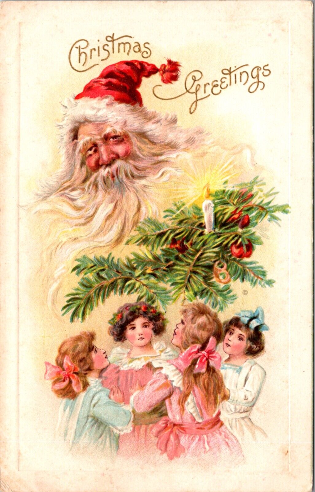 Christmas Postcard Santa Claus Face Appearing In Candlelit Tree Smoke, Children