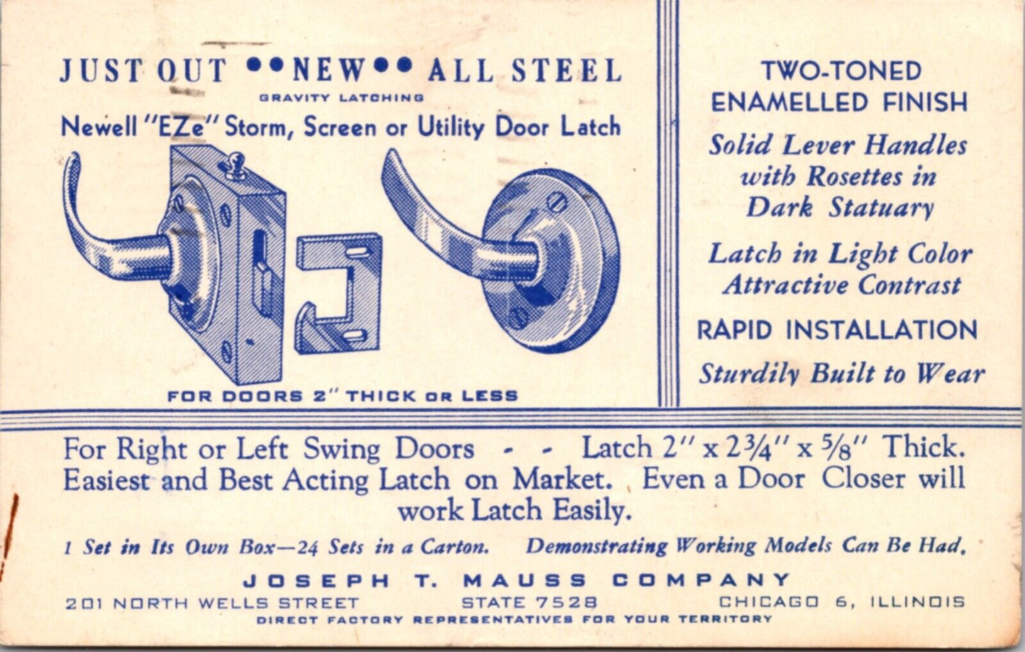 Advertising Postcard Utility Door Latch Joseph T. Mauss Company Chicago Illinois