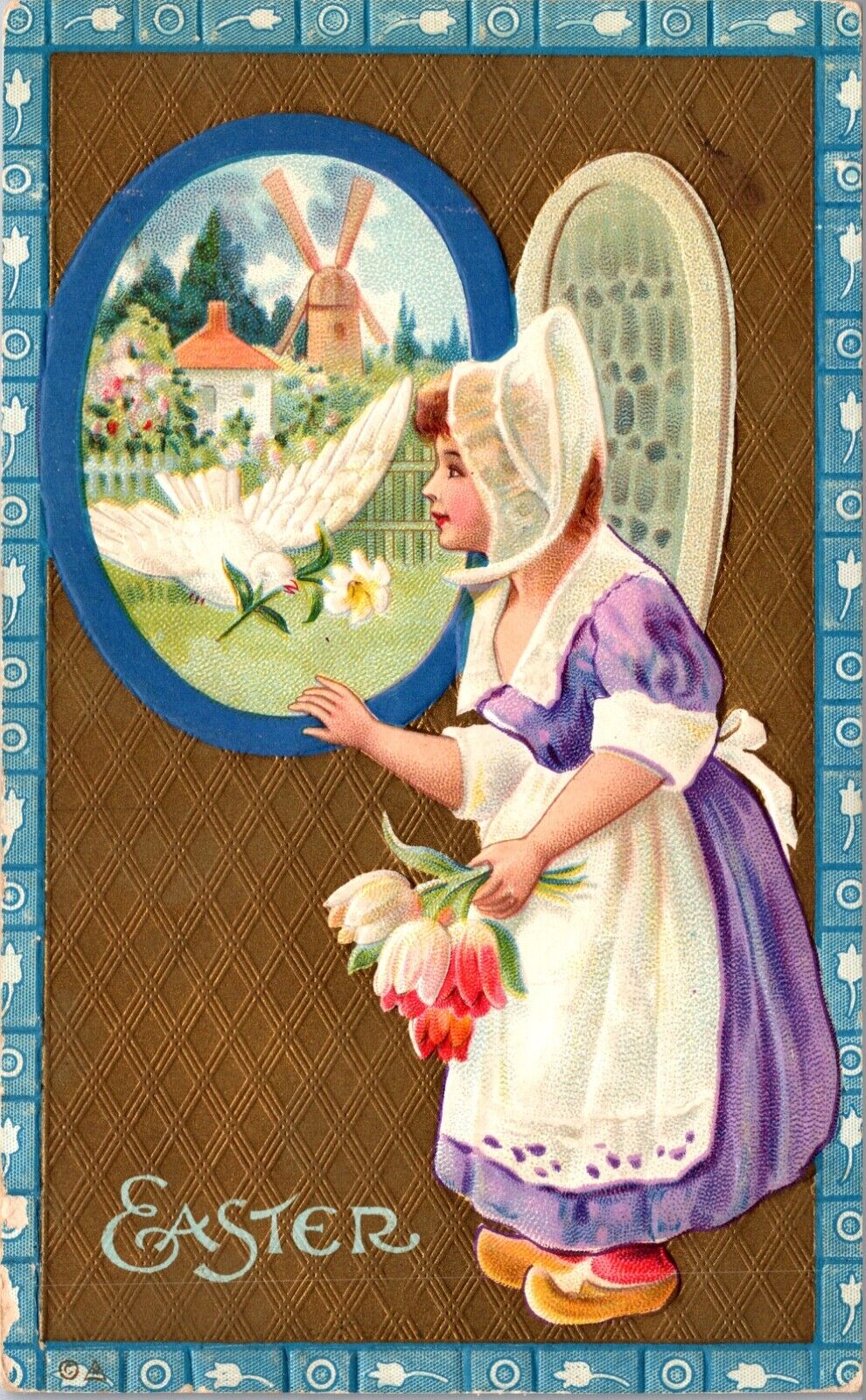 Easter Postcard White Dove Bringing Dutch Girl Flower Through Window Windmill