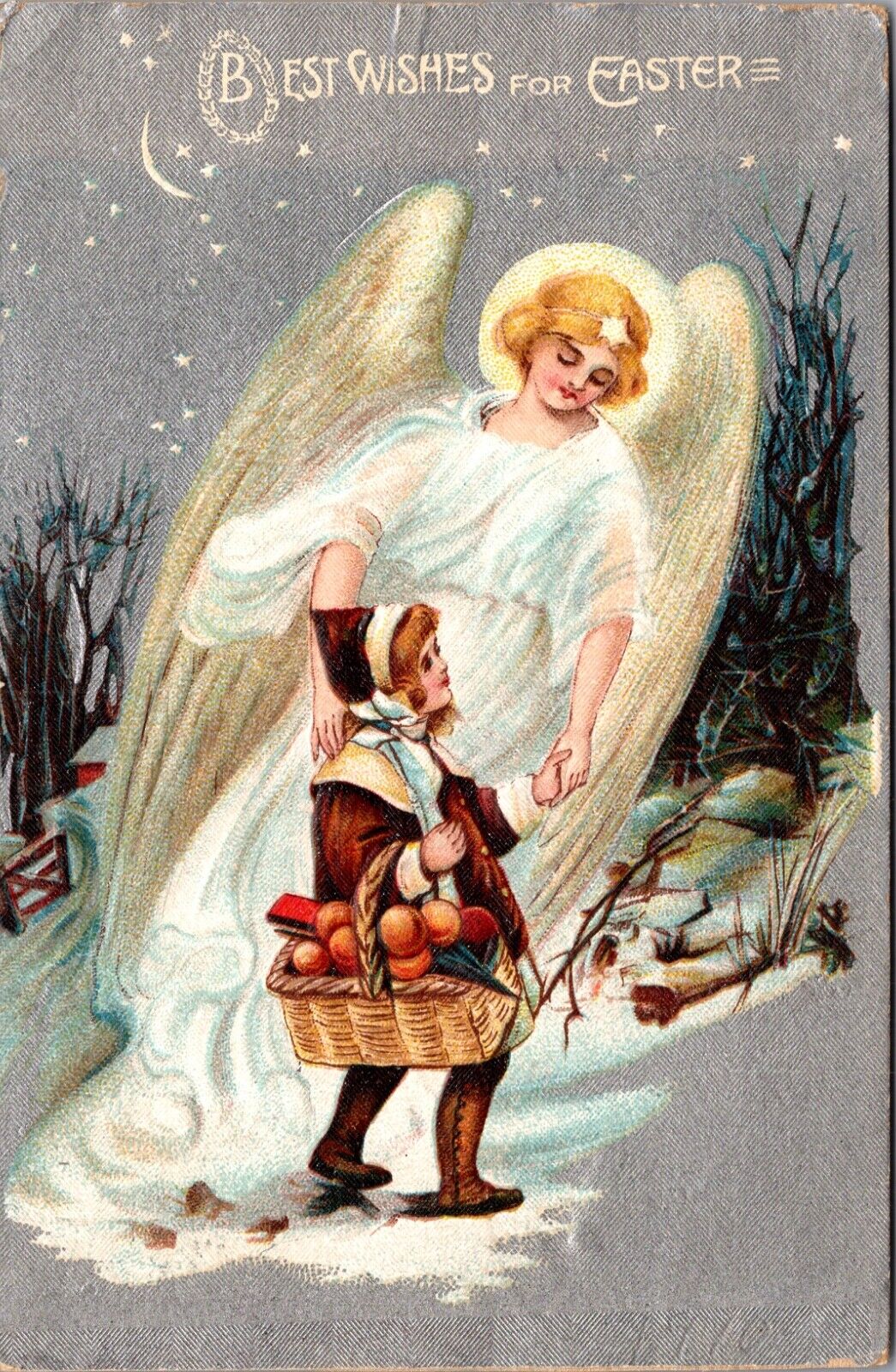 Easter Postcard Angel Guiding Little Girl Carrying Fruit Basket in the Snow