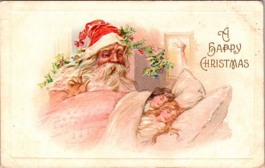 Christmas Postcard Santa Claus Looking at Girls Asleep in Bed