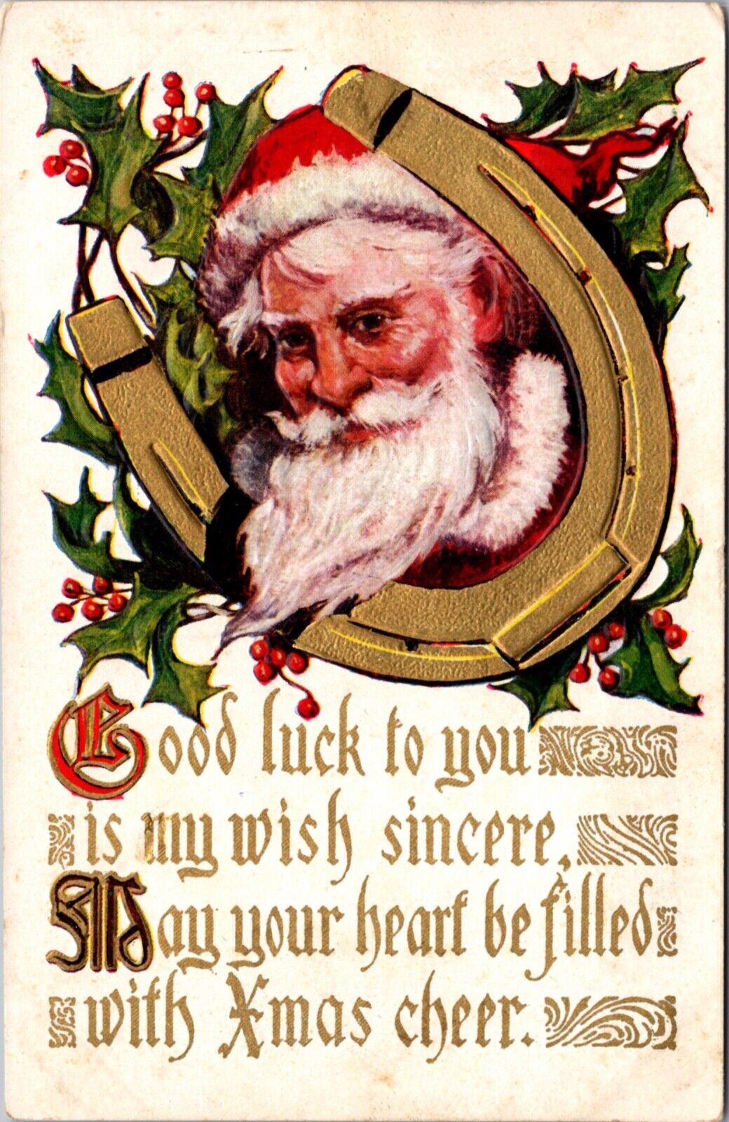 Christmas Postcard Santa Claus Face and Holly Inside of a Horseshoe