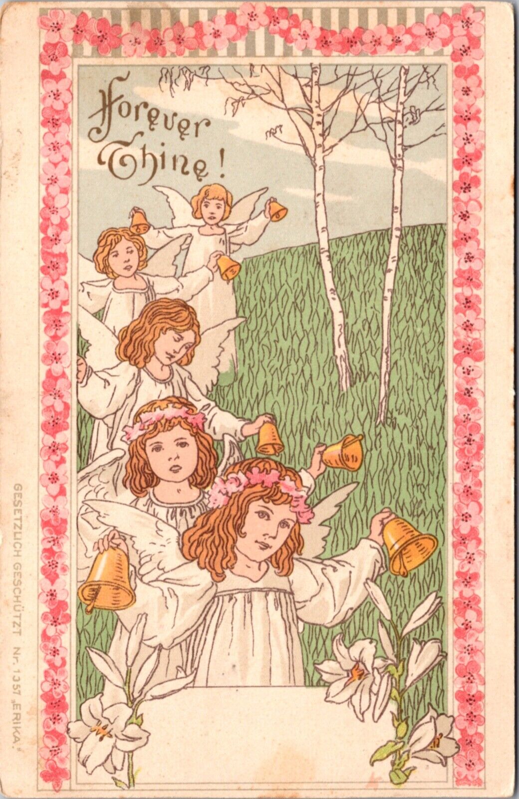 Easter Postcard Young Angel Girls Ringing Bells Pink Flowers Lilies Lily