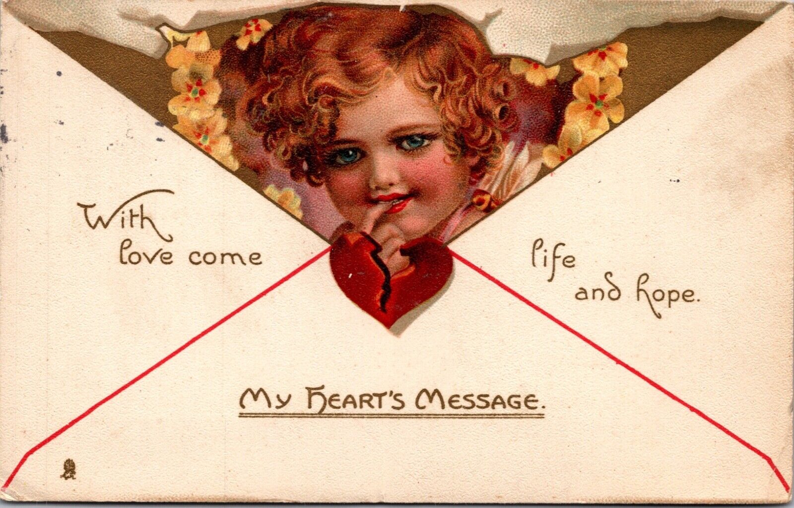 Valentine Postcard Baby Face Cupid in Envelope Broken Heart Seal Love Life Hope