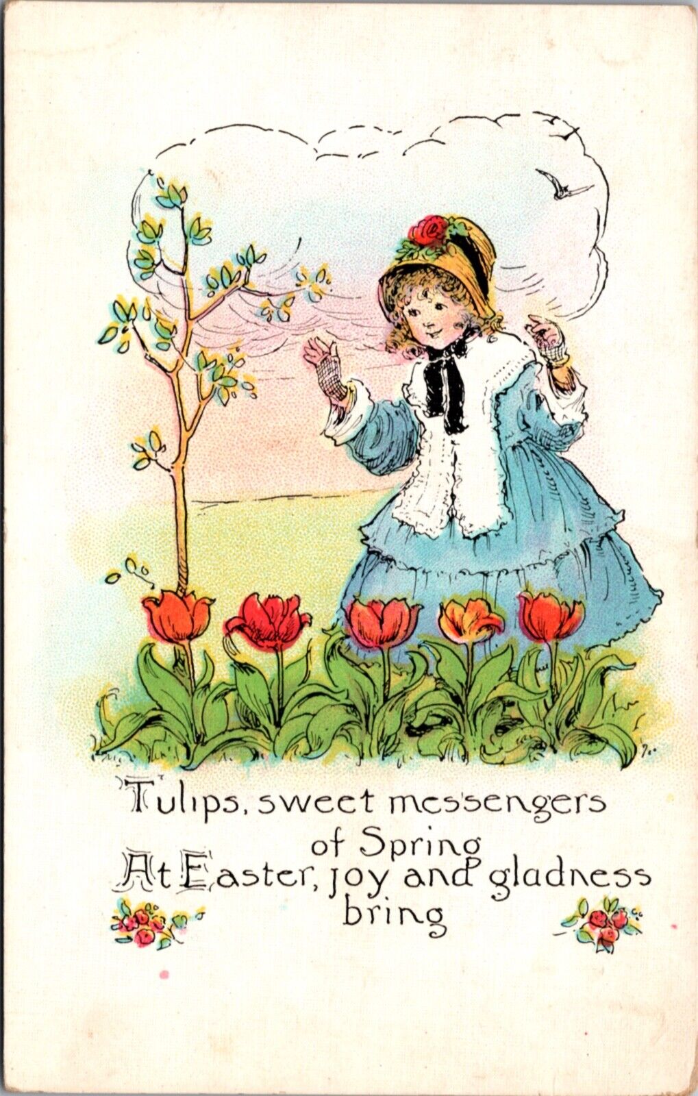 Easter Postcard Bonnet Wearing Child Looking at Tulips in a Garden