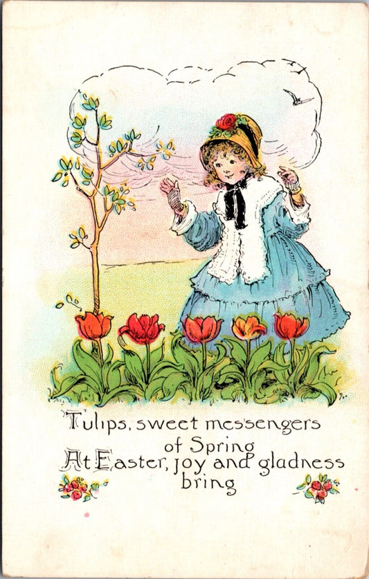 Easter Postcard Bonnet Wearing Child Looking at Tulips in a Garden