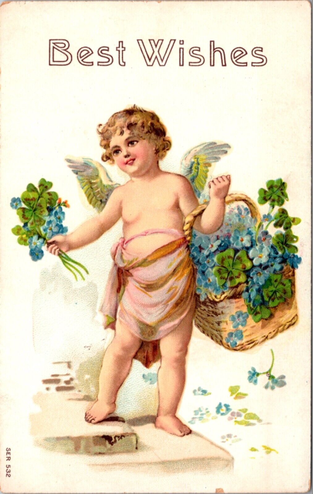 Best Wisher Cherub Cupid with Four Leaf Clovers Shamrocks Forget Me Not Flowers