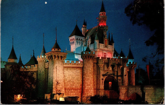 Disneyland Postcard Sleeping Beauty's Castle Lit Up at Night~4238