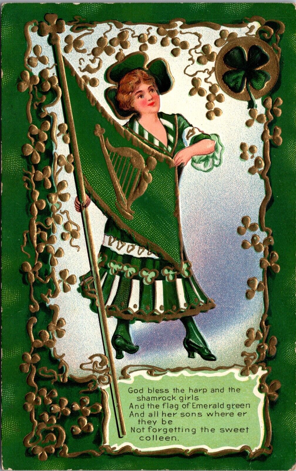 St. Patrick's Day Postcard Shamrock Girls Celtic Harp Emerald Green Flag