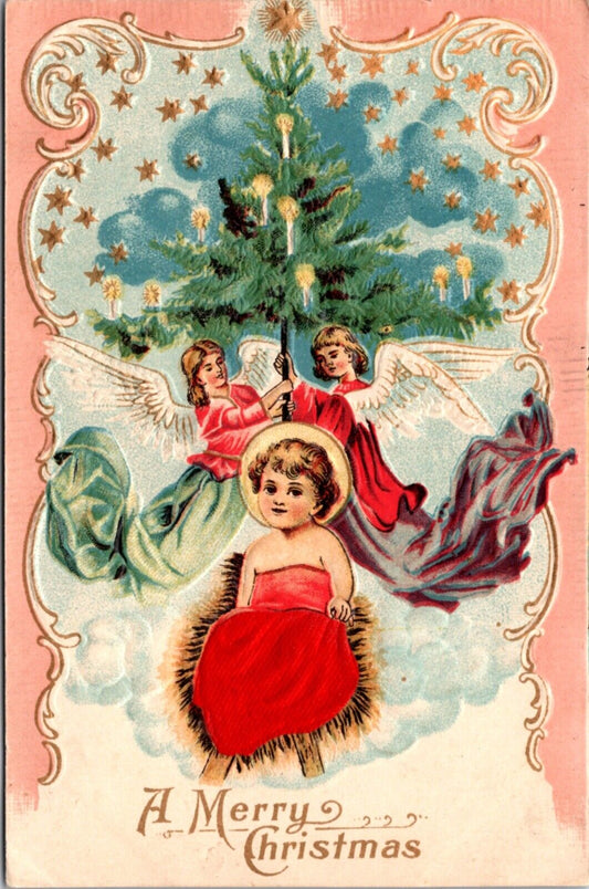 Silk Christmas PC Baby Jesus in Clouds Two Angels Flying with Candlelit Tree