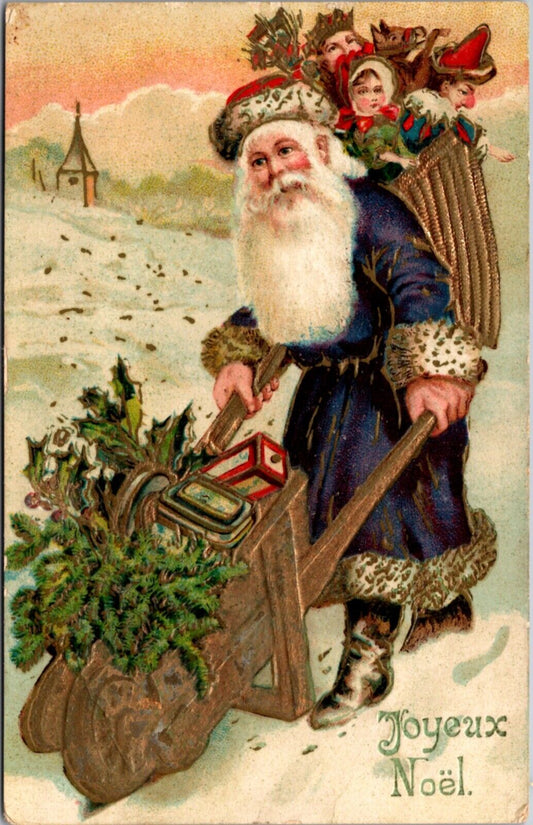 Christmas Postcard Purple Suited Santa Claus Wheelbarrow Dolls Jesters Toys Snow