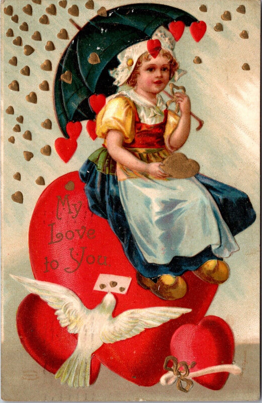 Valentine PC Dutch Girl Sitting on Giant Heart Umbrella Raining Hearts Dove