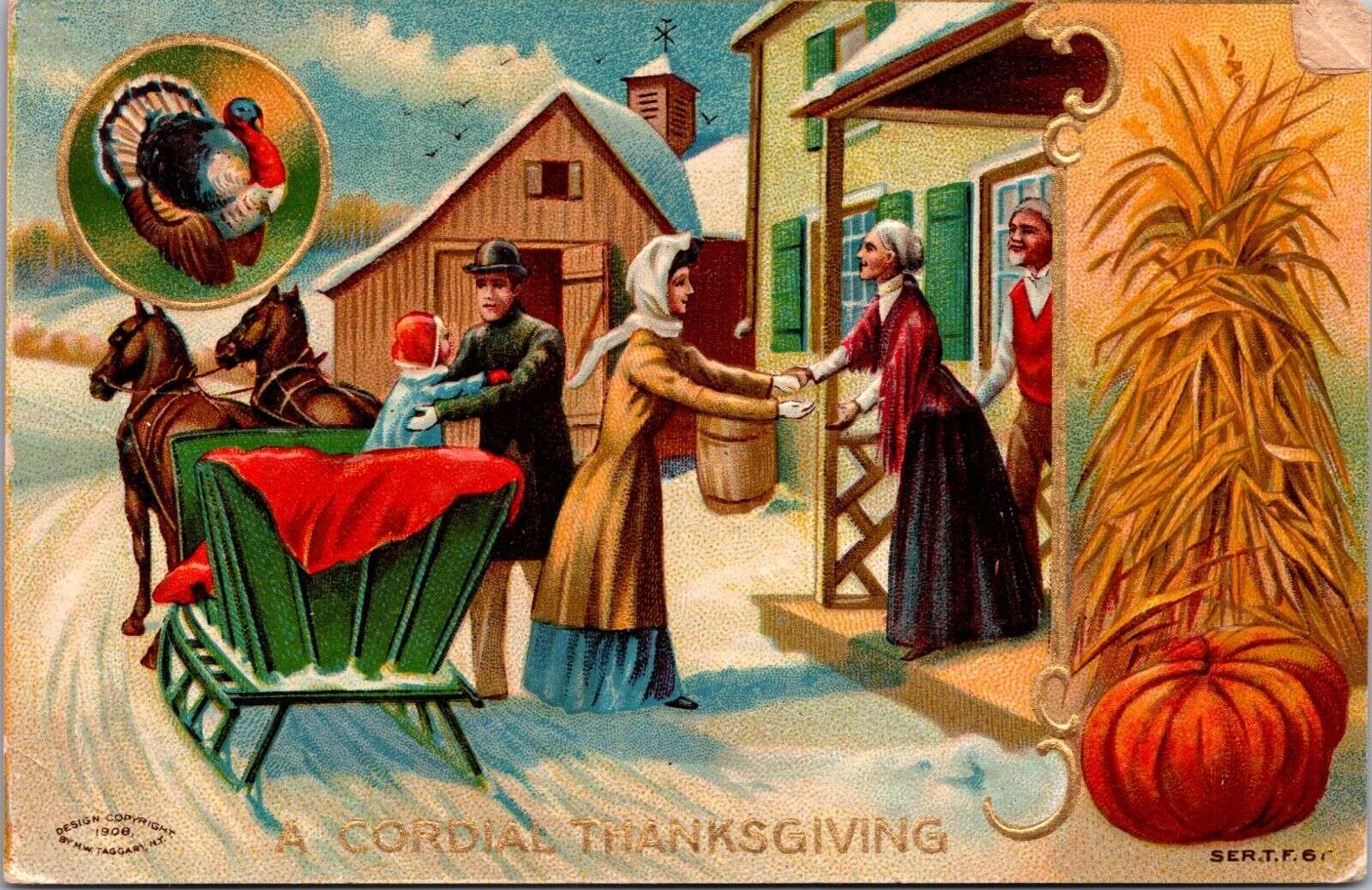 A Cordial Thanksgiving Postcard Family Arriving Home Horse Pulled Open Sleigh