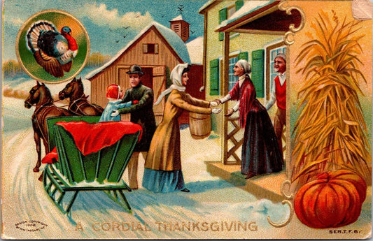 A Cordial Thanksgiving Postcard Family Arriving Home Horse Pulled Open Sleigh