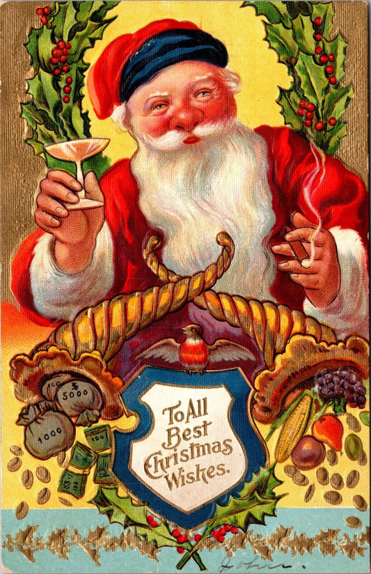 Christmas Postcard Santa Claus Drinking Champagne Smoking Cigar Horn of Plenty