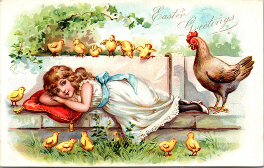 Easter Postcard Young Girl Surrounded by Chicks and a Chicken