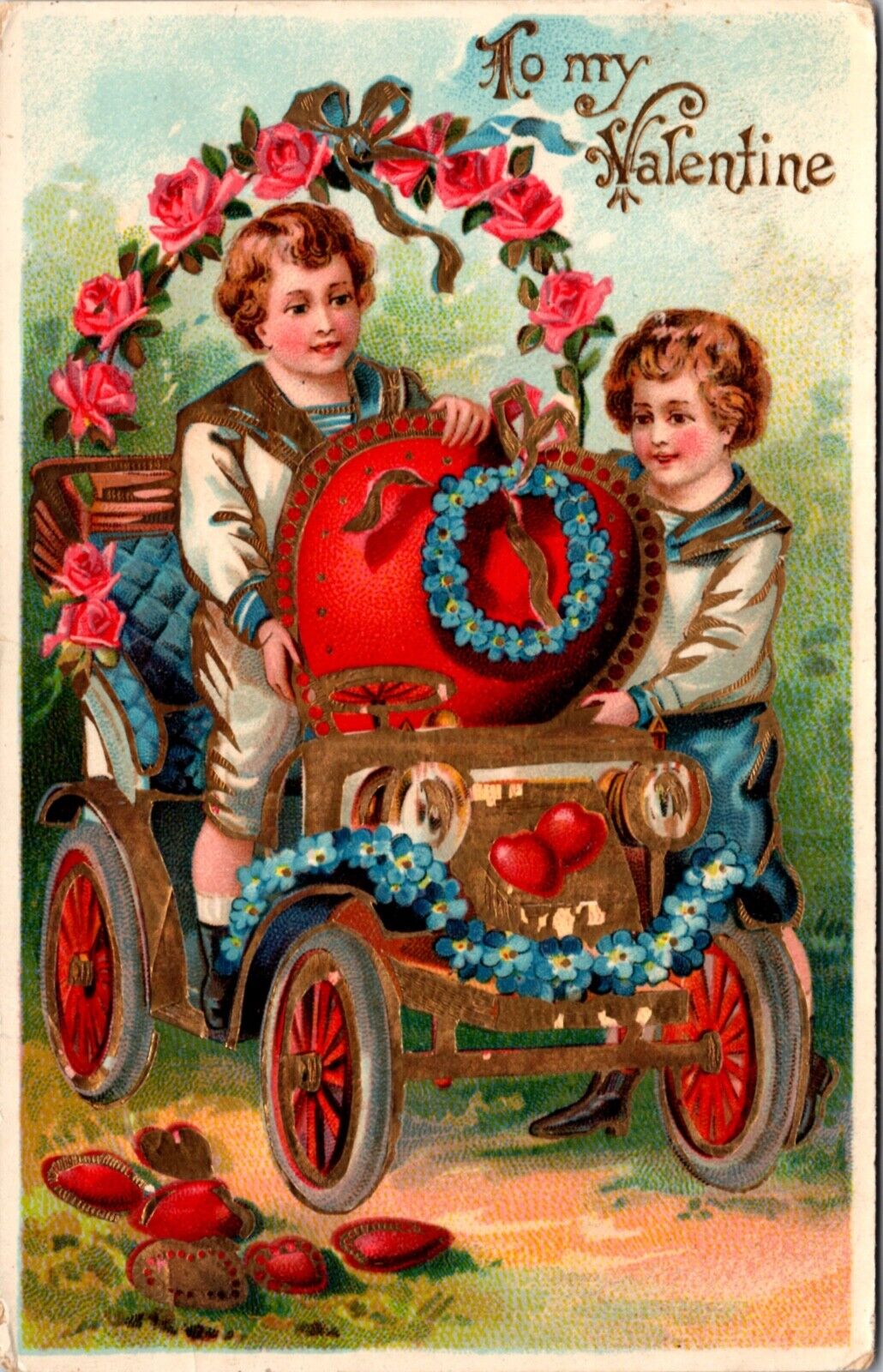 Valentine's Day Sailor Dressed Boys Heart Automobile Roses Forget Me Not Flowers