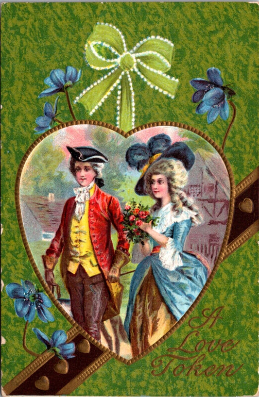 Valentine Postcard Well Dressed Victorian Couple Walking in Town Flower Bouquet