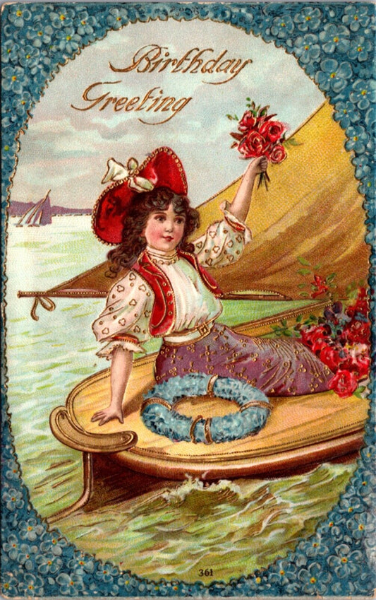 Birthday Greeting Postcard Young Woman on a Boat with Flowers