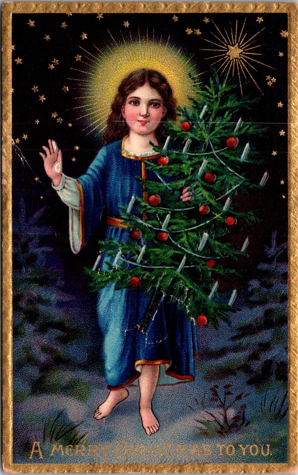 Christmas Postcard Angel Carrying Candlelit Tree Through Snow