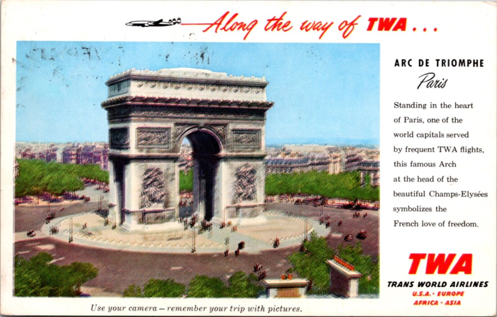 Advertising Postcard TWA Trans World Airlines Arc De Triomphe Paris France