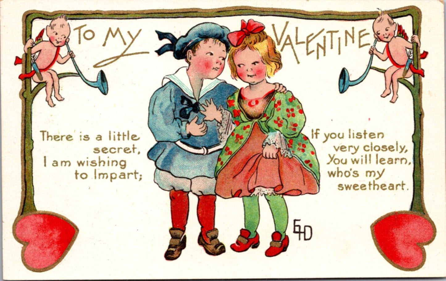 Valentine's Day Postcard Two Children Sweethearts Cupids