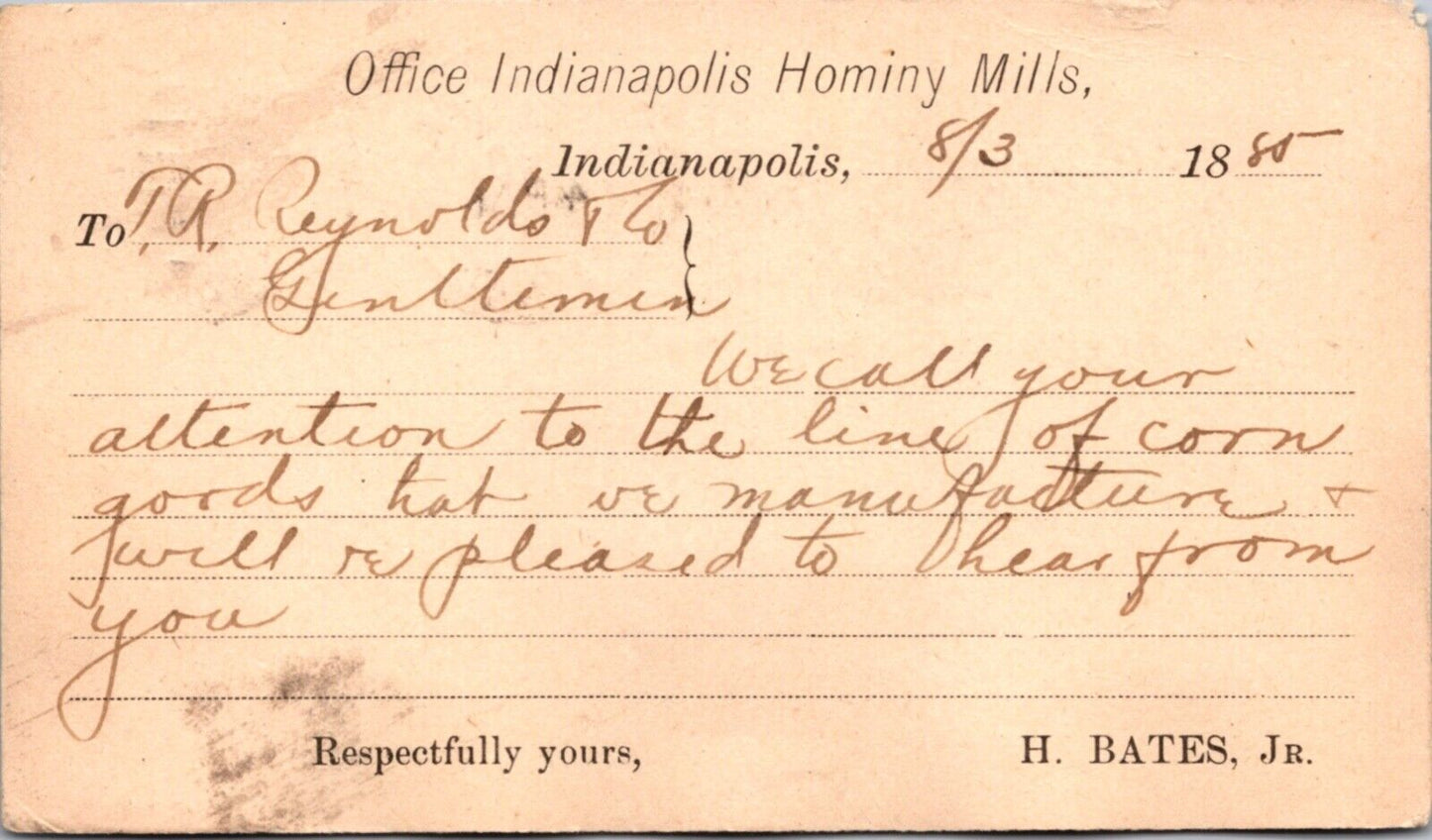 1885 Receipt Postcard Office Indianapolis Hominy Mills, Indiana