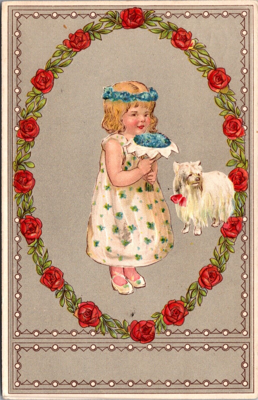 Artwork Postcard Little Girl Wearing Blue Flower Crown White Dog Rose Border