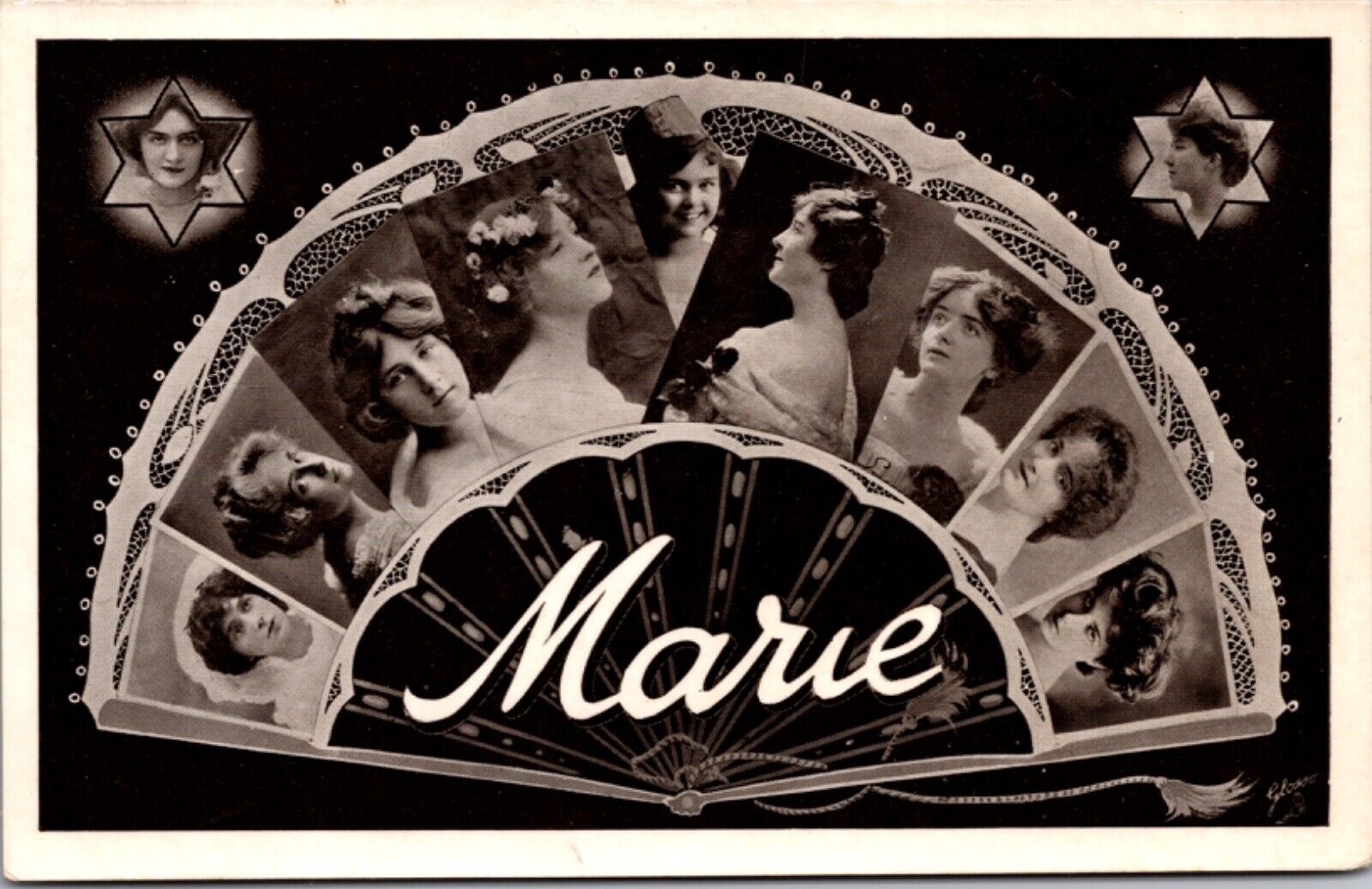 RPPC Large Letter Greetings of the Name Marie Women's Faces Folding Fan Star